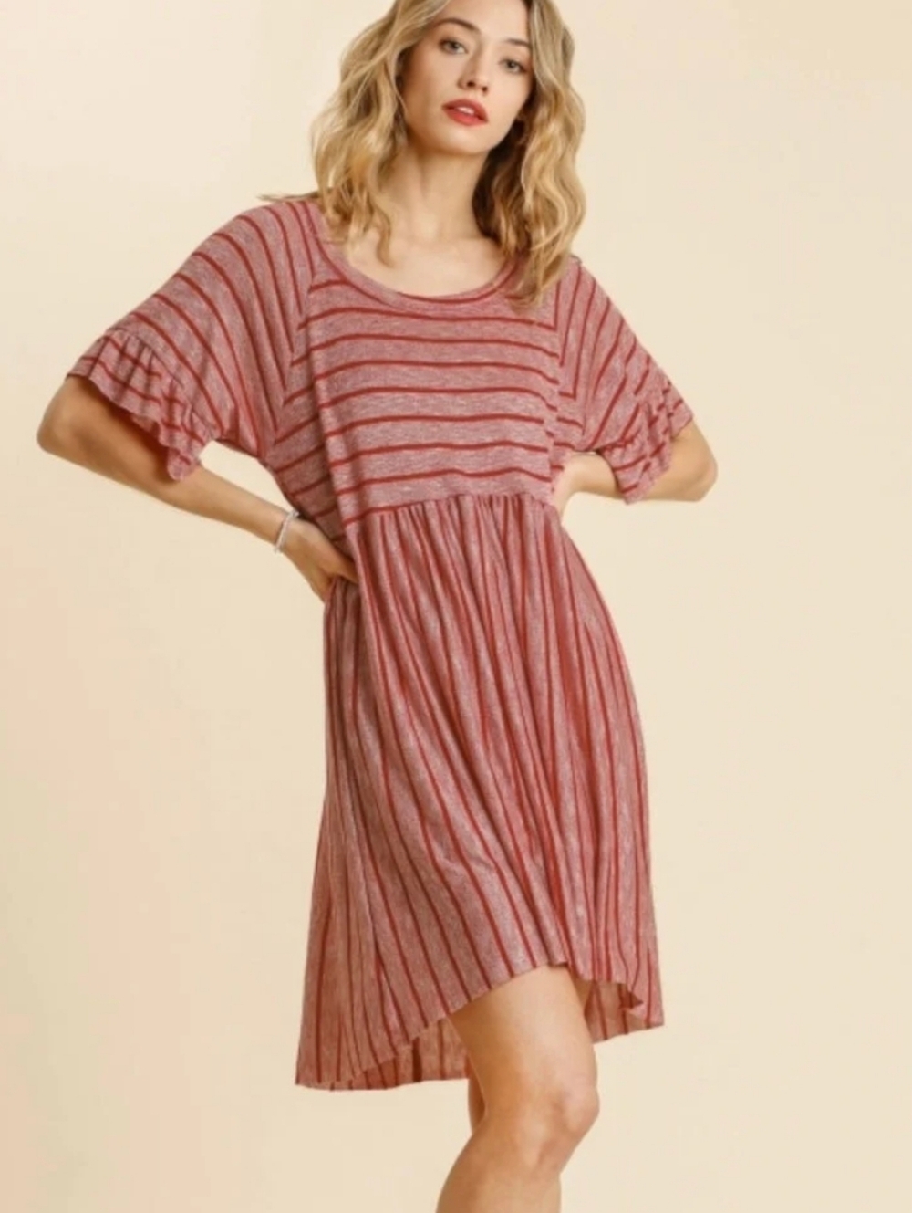 Striped Ruffle Sleeve Red Midi Dress